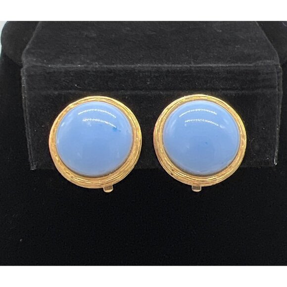 Vintage Liz Claiborne Blue Cabochon Clip-On Earrings Gold-Tone Round Design - Picture 3 of 8